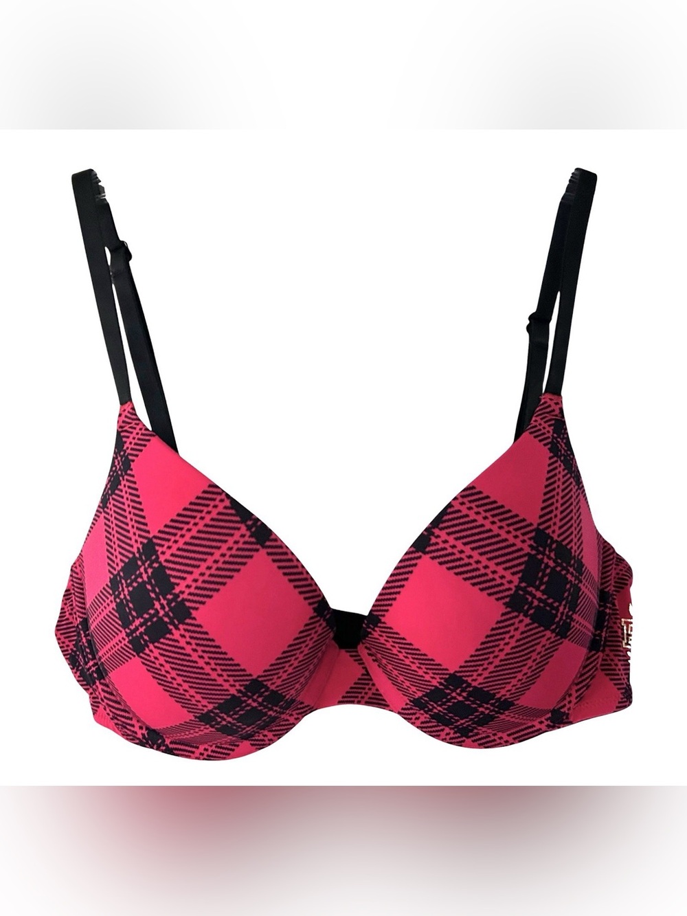 Victoria's Secret PINK 32C Wear Everywhere Pushup Bra Red Black Plaid Logo VS